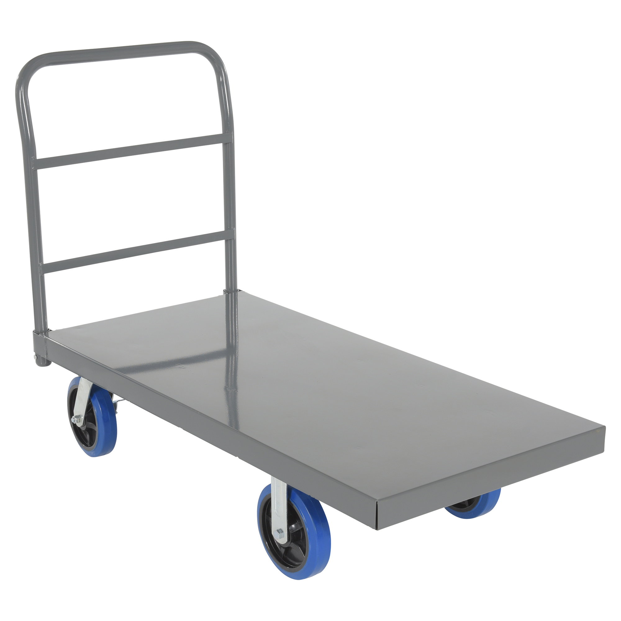 Vestil Steel Smooth Deck Platform Truck with 8 In. x 2 In. Elastic Rubber Casters 45 In. x 45 In. x 39 In. 2500 Lb. Capacity Gray / Blue
